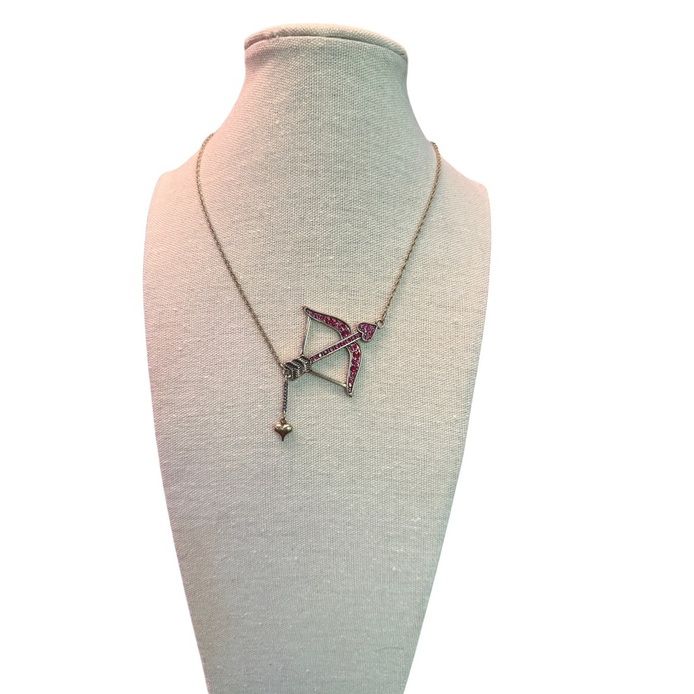 Vintage Betsey Johnson Pink Rhinestone Bow & Arrow Heart Necklace Gold Tone